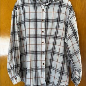 Plaid Button-Up Shirt - Black, White, and Brown